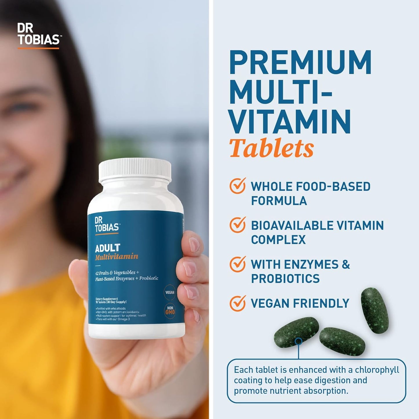 Adult Multivitamin for Women & Men, Immune Supporting Vitamins from 42 Fruits, Vegetables, plus Probiotics, Vegan Multivitamins for Men & Women, Non-Gmo, 90 Tablets, 30 Servings