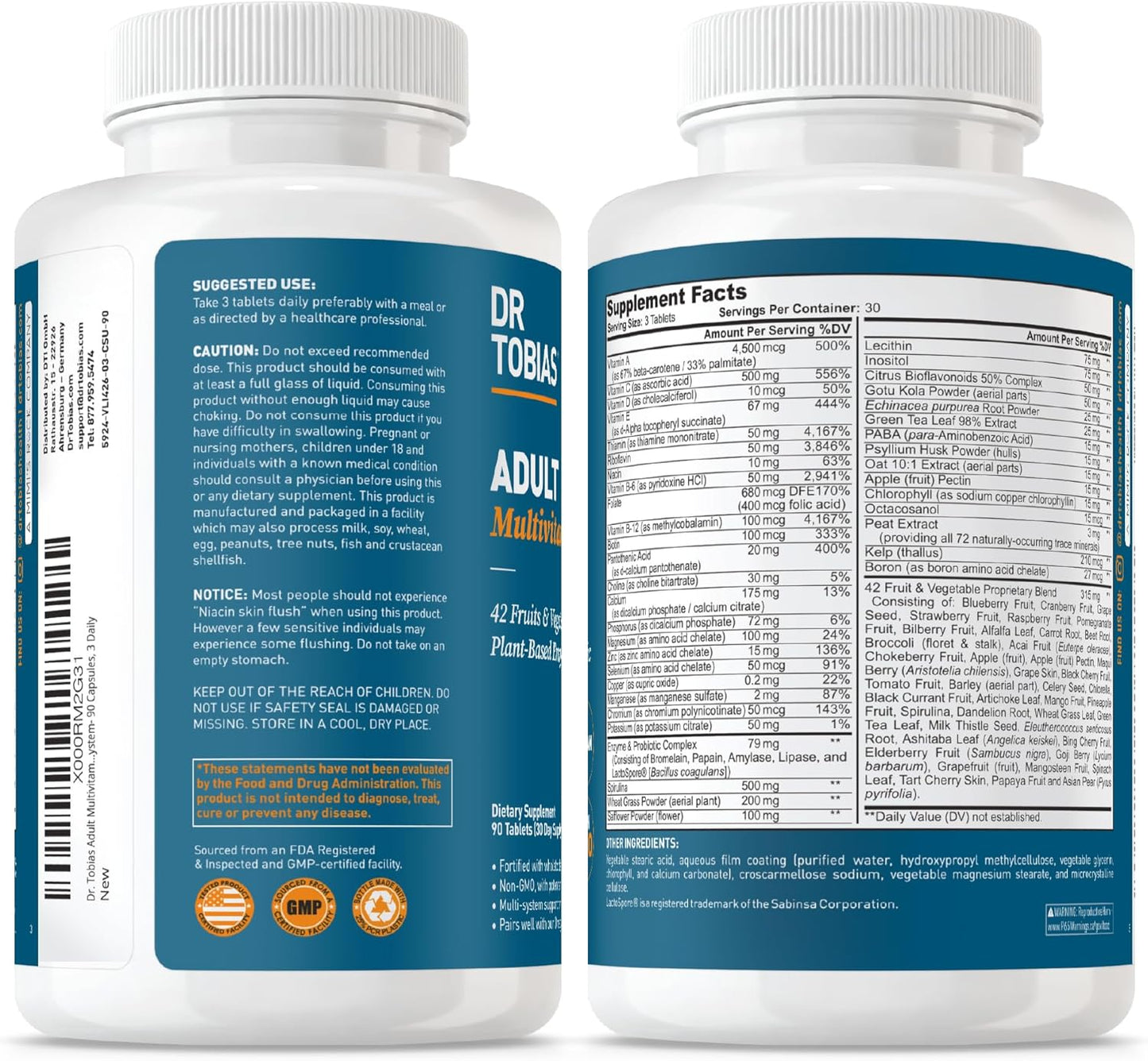 Adult Multivitamin for Women & Men, Immune Supporting Vitamins from 42 Fruits, Vegetables, plus Probiotics, Vegan Multivitamins for Men & Women, Non-Gmo, 90 Tablets, 30 Servings