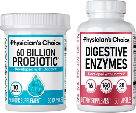 Advanced Gut Health Bundle: 60 Billion Probiotics 30Ct + Digestive Enzymes 60Ct for Digestive, Gut, and Immune Health Supports Occasional Constipation, Diarrhea, Gas, and Bloating