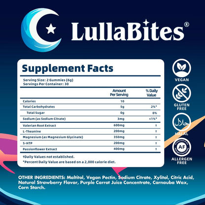 Lullabites Natural Sleep Gummies - 30 Servings -Sweet Strawberry Stars (Melatonin Free)
