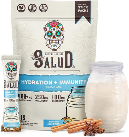 Salud 2-In-1 Hydration Packets + Immunity Electrolytes Powder, Horchata - Jamaica Agua Fresca Drink Mix, Elderberry, Dairy & Soy Free, Non-Gmo, Gluten Free, Vegan, Low Calorie, 1G Sugar (15 Servings)
