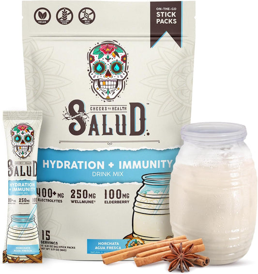 Salud 2-In-1 Hydration Packets + Immunity Electrolytes Powder, Horchata - Jamaica Agua Fresca Drink Mix, Elderberry, Dairy & Soy Free, Non-Gmo, Gluten Free, Vegan, Low Calorie, 1G Sugar (15 Servings)