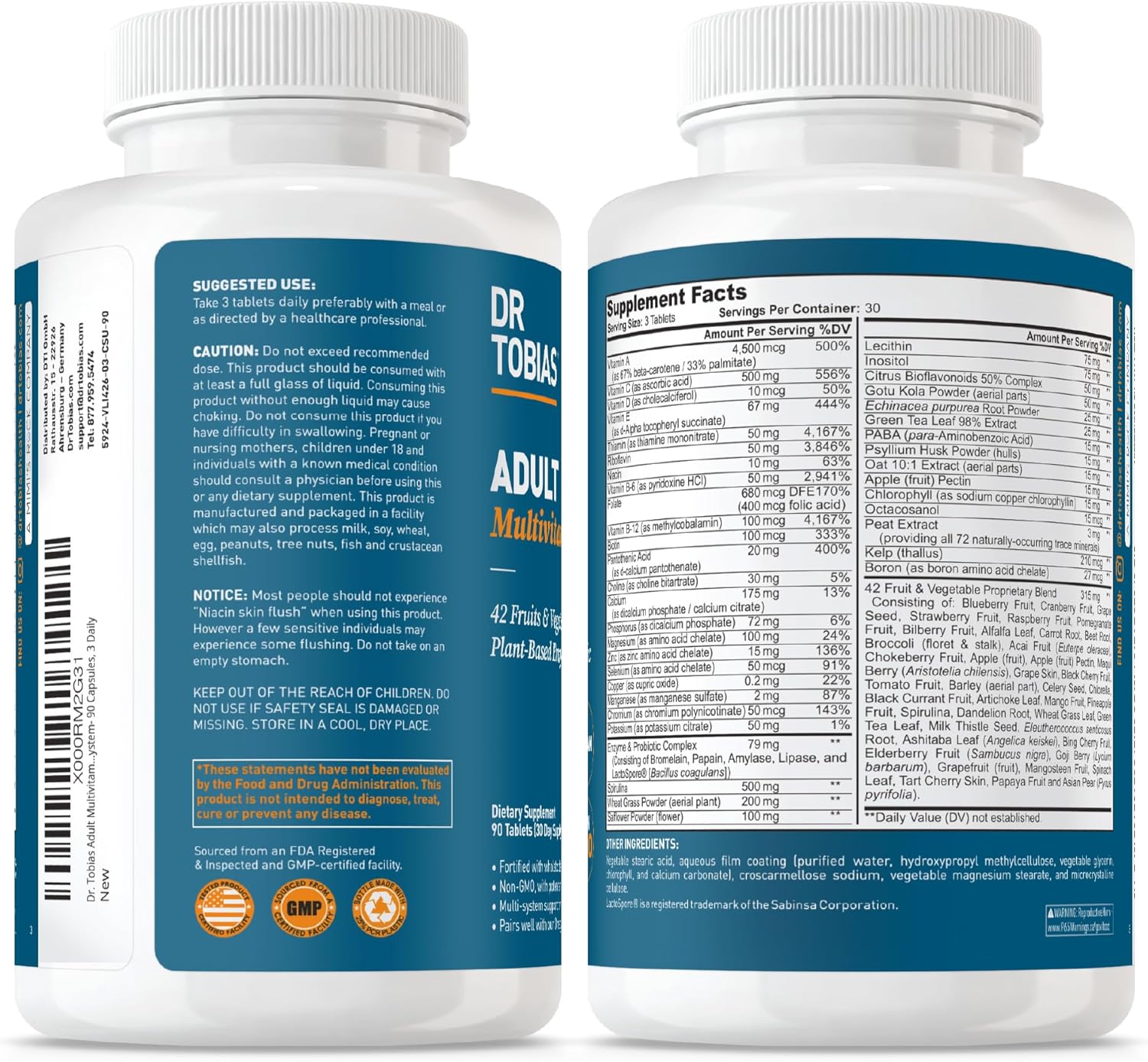 Adult Multivitamin for Women & Men, Immune Supporting Vitamins from 42 Fruits, Vegetables, plus Probiotics, Vegan Multivitamins for Men & Women, Non-Gmo, 90 Tablets, 30 Servings
