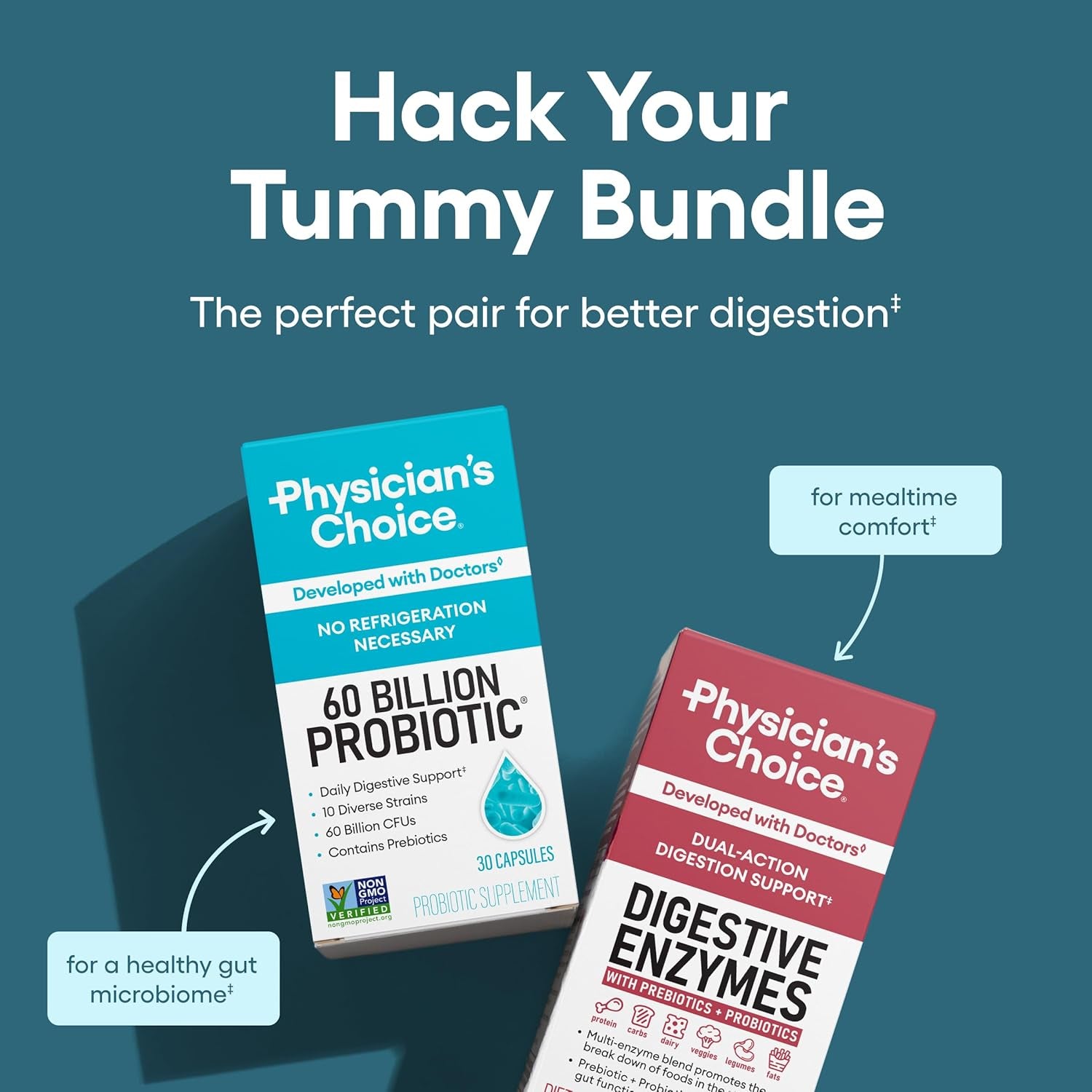 Advanced Gut Health Bundle: 60 Billion Probiotics 30Ct + Digestive Enzymes 60Ct for Digestive, Gut, and Immune Health Supports Occasional Constipation, Diarrhea, Gas, and Bloating